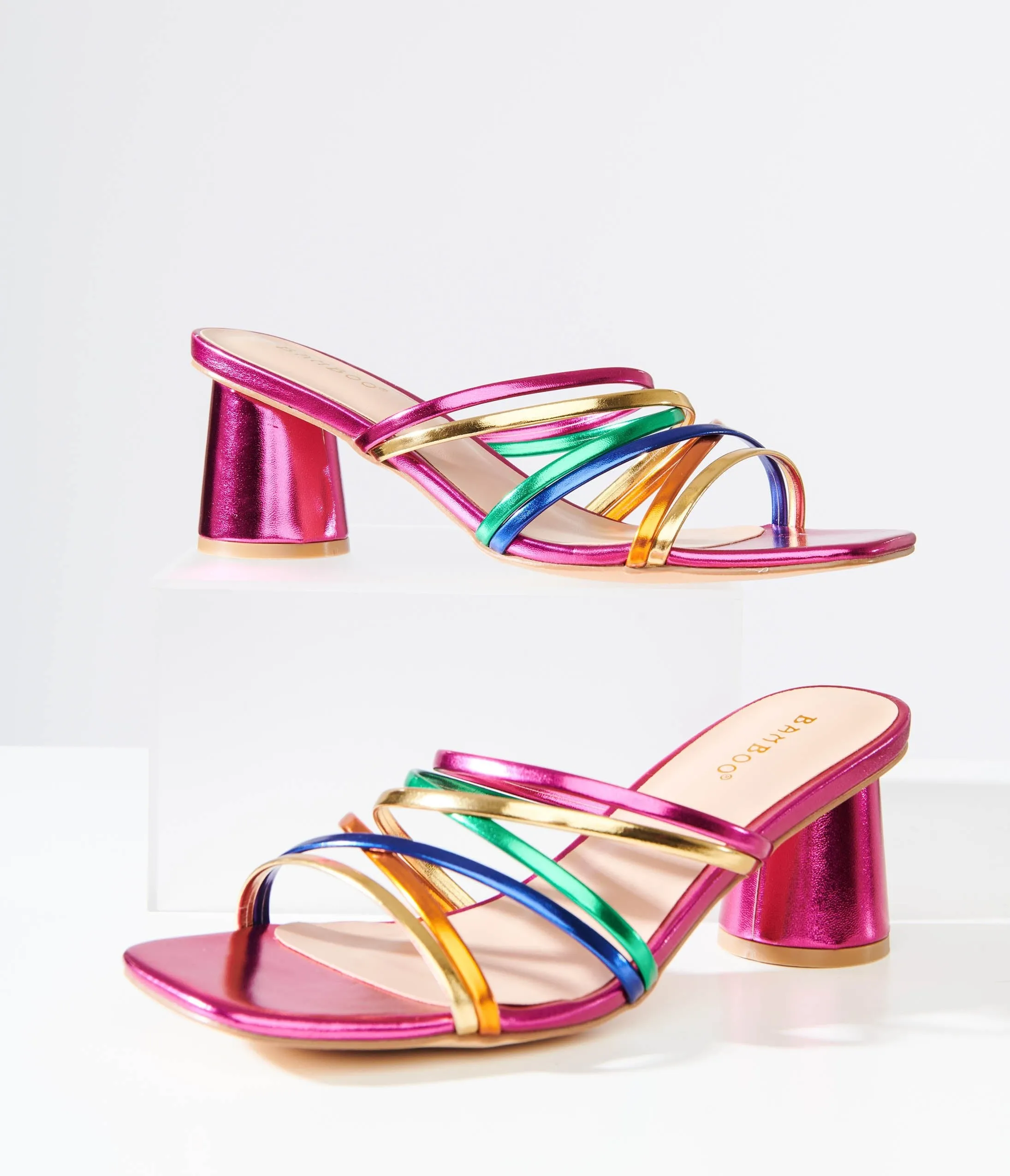 1970s Rainbow & Pink Metallic Heel Sandals