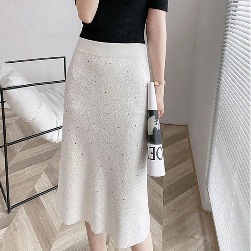 Autumn Women Elastic High Waist Elegant Straight Bodycon Midi Split Hem Knintted Skirts