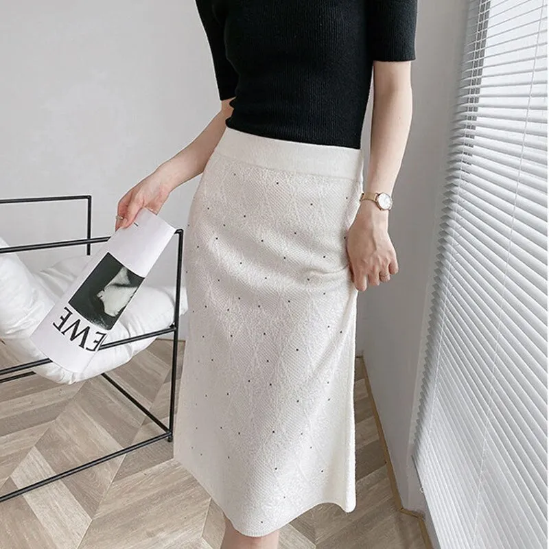 Autumn Women Elastic High Waist Elegant Straight Bodycon Midi Split Hem Knintted Skirts