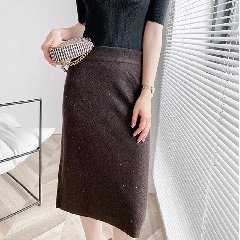 Autumn Women Elastic High Waist Elegant Straight Bodycon Midi Split Hem Knintted Skirts