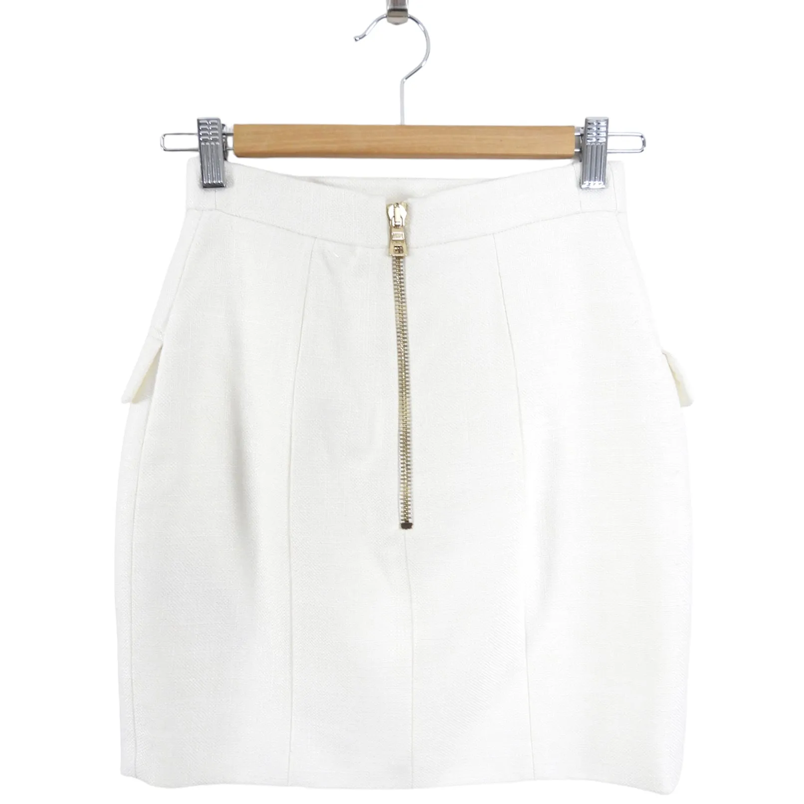 Balmain Ivory Linen Mini Pencil Skirt with Gold Buttons - XS