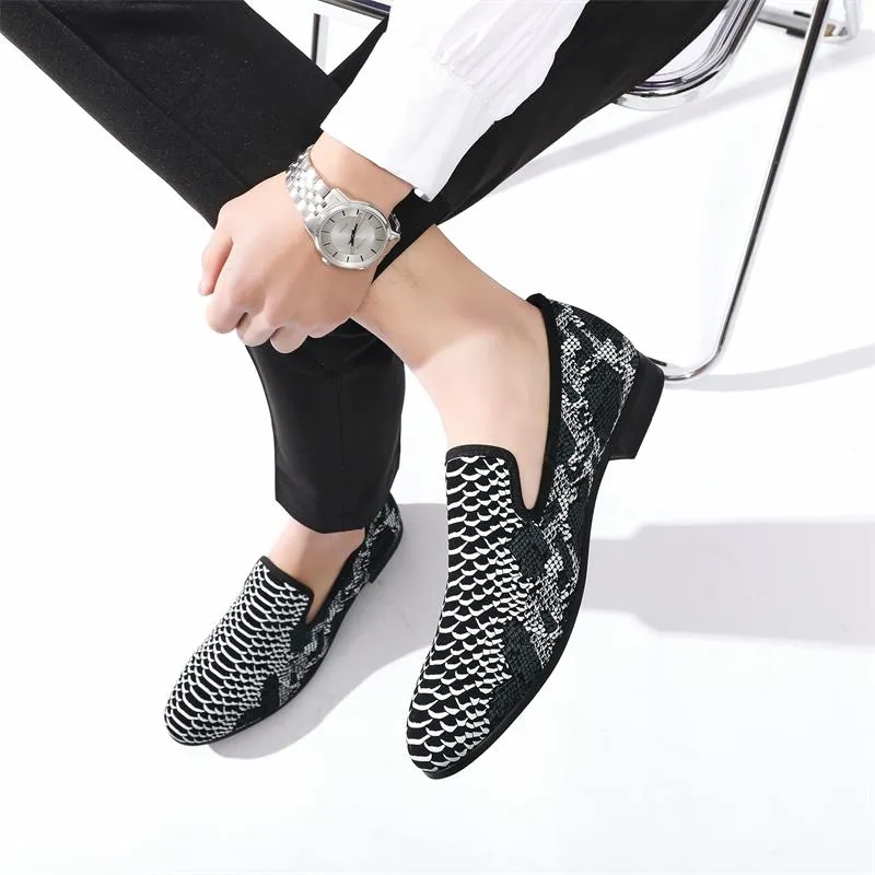 Black Casual Crocodile Striped Pattern Breathable Loafers for Men