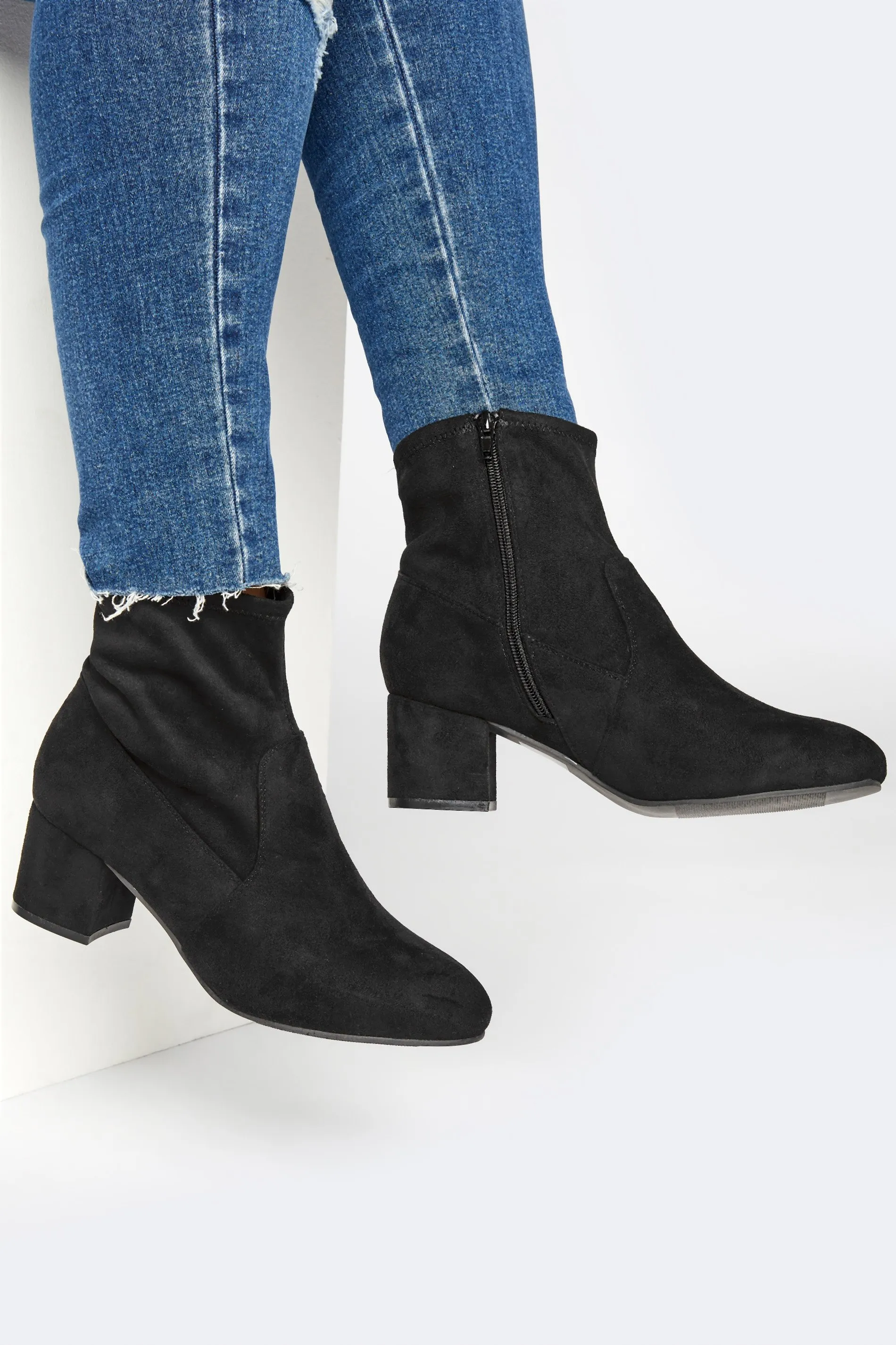 Black Faux Suede Stretch Block Heeled Sock Boots In Wide E Fit & Extra Wide EEE Fit