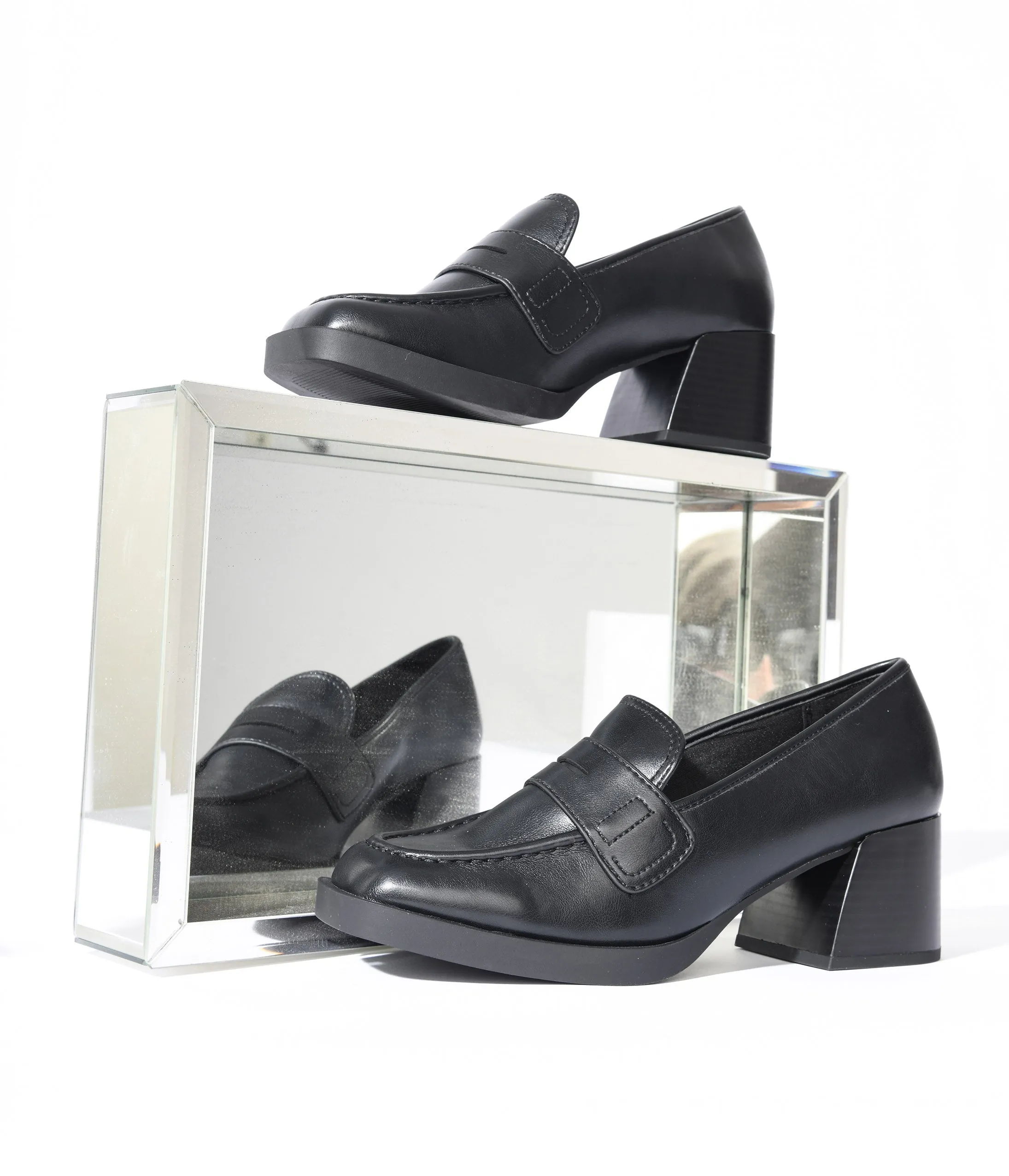 Black Leatherette Chunky Heel Loafers