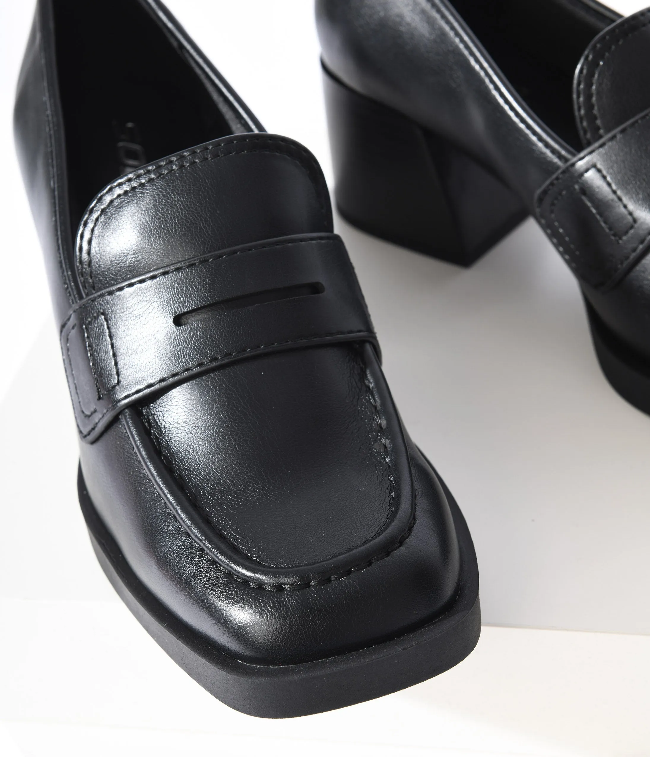 Black Leatherette Chunky Heel Loafers