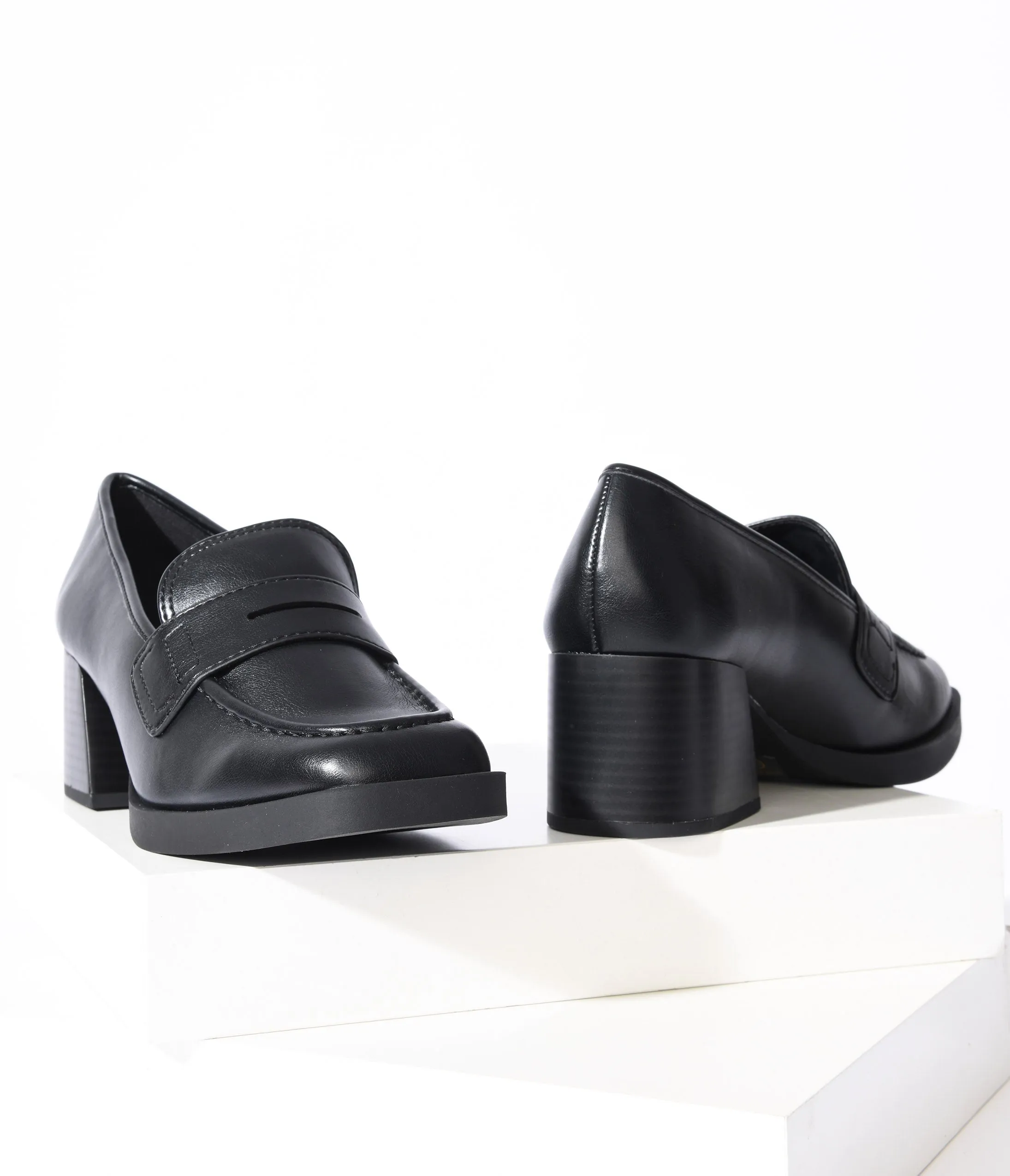 Black Leatherette Chunky Heel Loafers