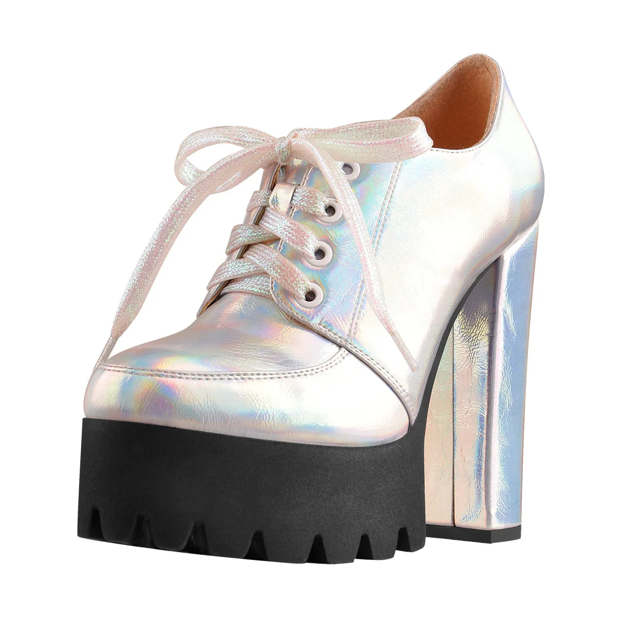 Block Heel Metallic Iridescent Round Toe Holographic Ankle Booties