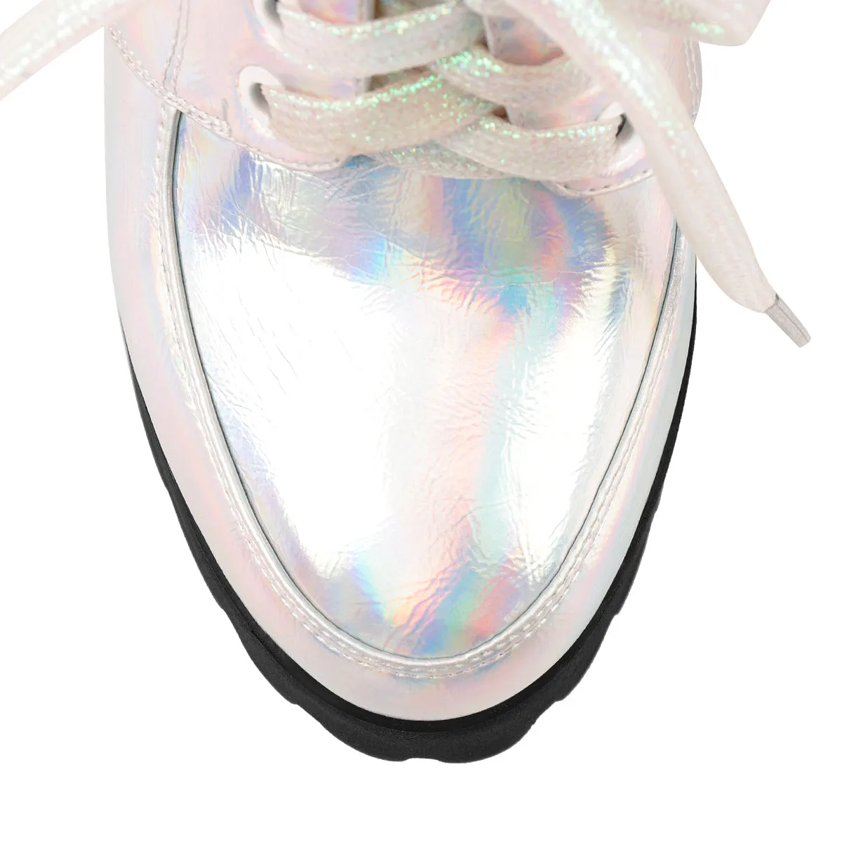 Block Heel Metallic Iridescent Round Toe Holographic Ankle Booties