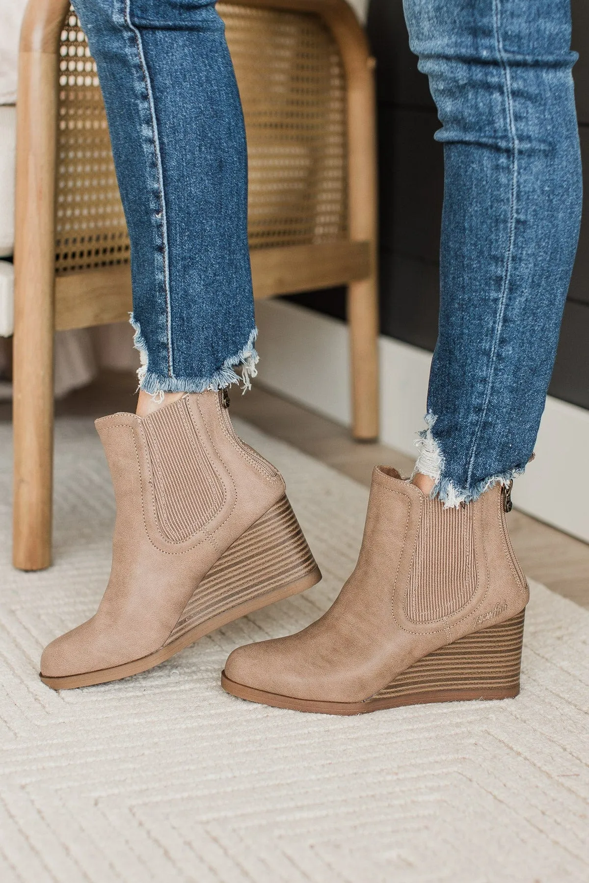 Blowfish Praline Wedge Booties- Almond Redwood