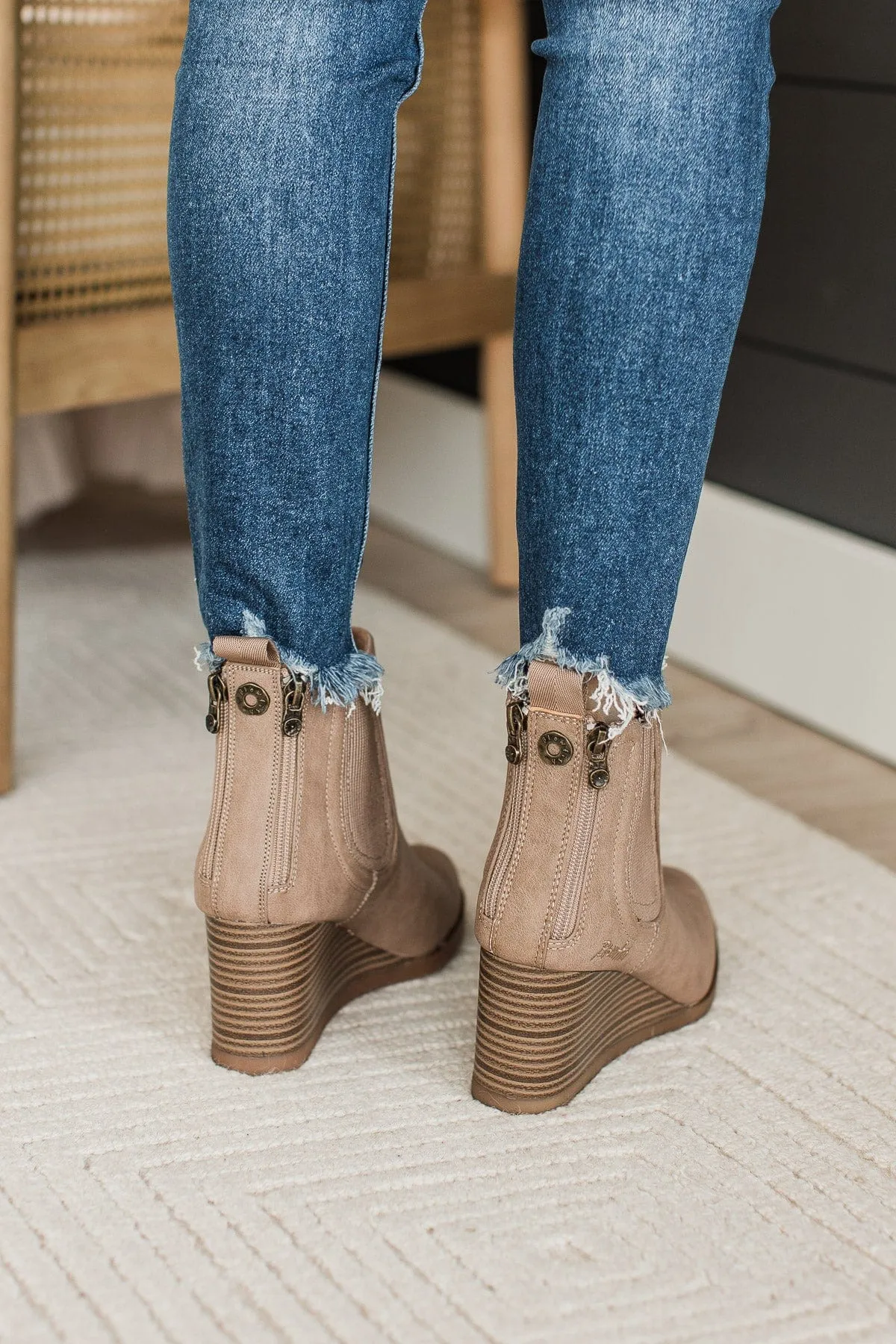 Blowfish Praline Wedge Booties- Almond Redwood