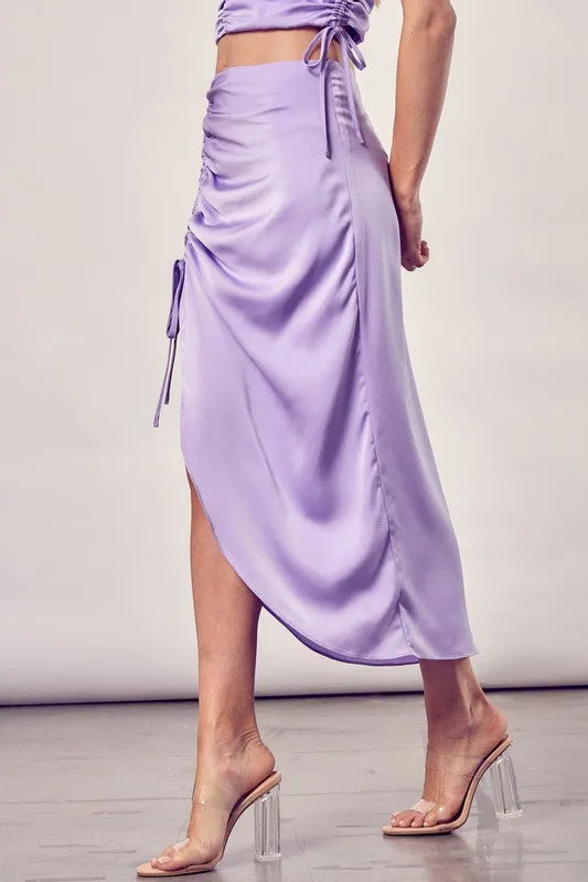 Classic One Side Gathered Midi Skirt With Tall Slit