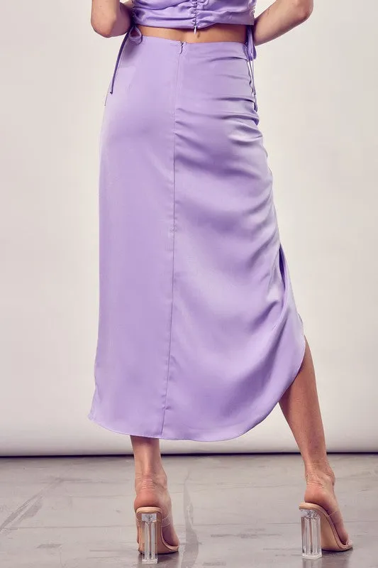 Classic One Side Gathered Midi Skirt With Tall Slit