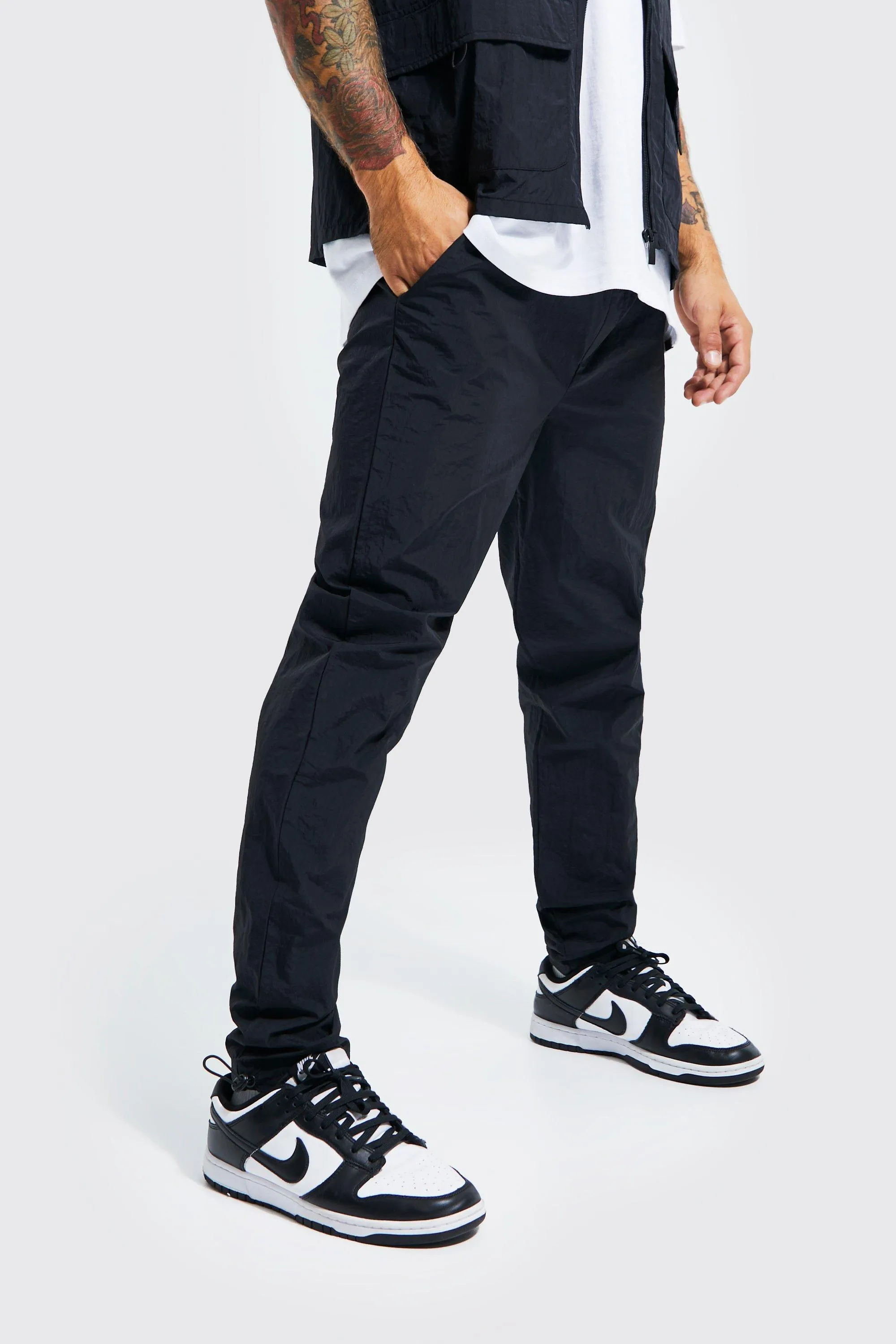 Elastic Waist Skinny Fit Crinkle Nylon Trouser | boohooMAN UK