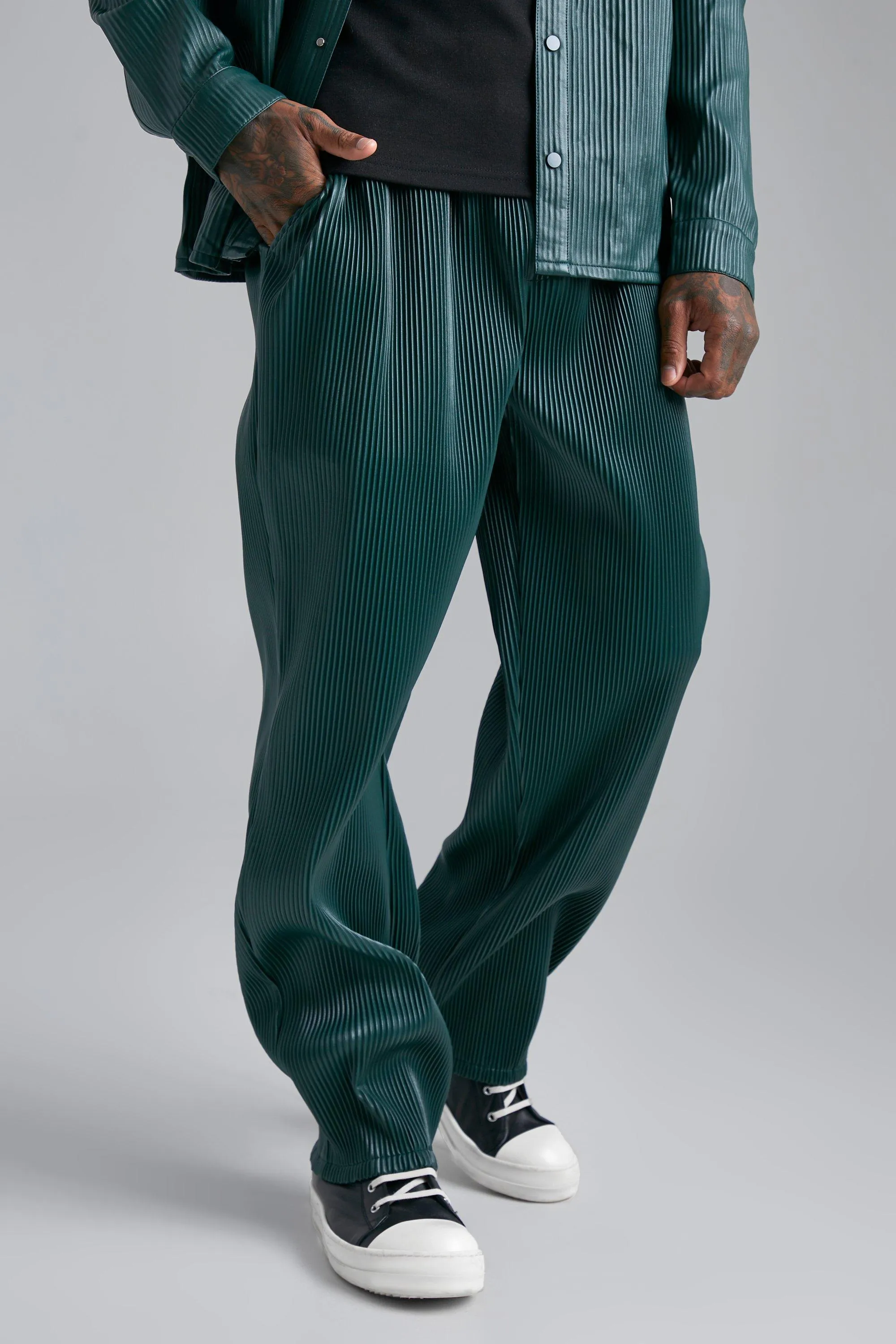 Elastic Waist Straight Fit Pleated PU Trouser | boohooMAN UK