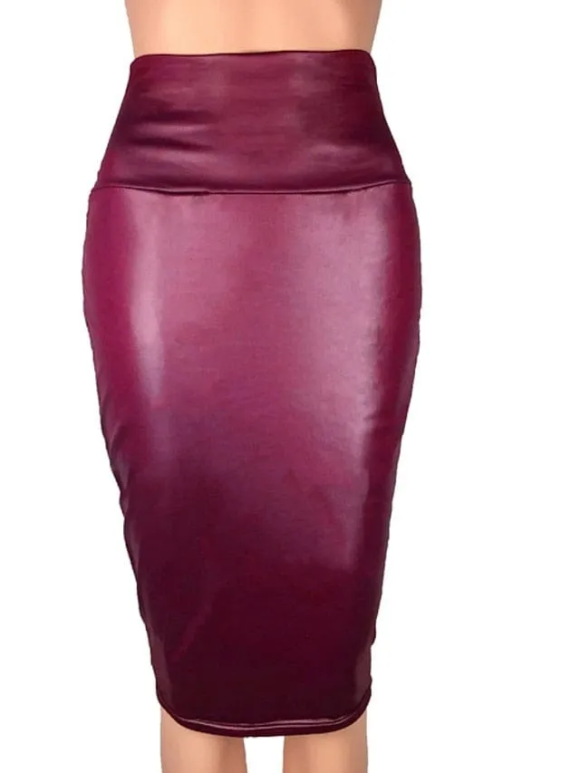 Elegant Women's Faux Leather Pencil Skirts with Lace Detail