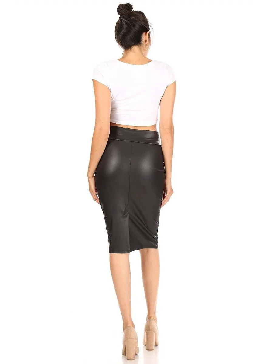 Elegant Women's Faux Leather Pencil Skirts with Lace Detail