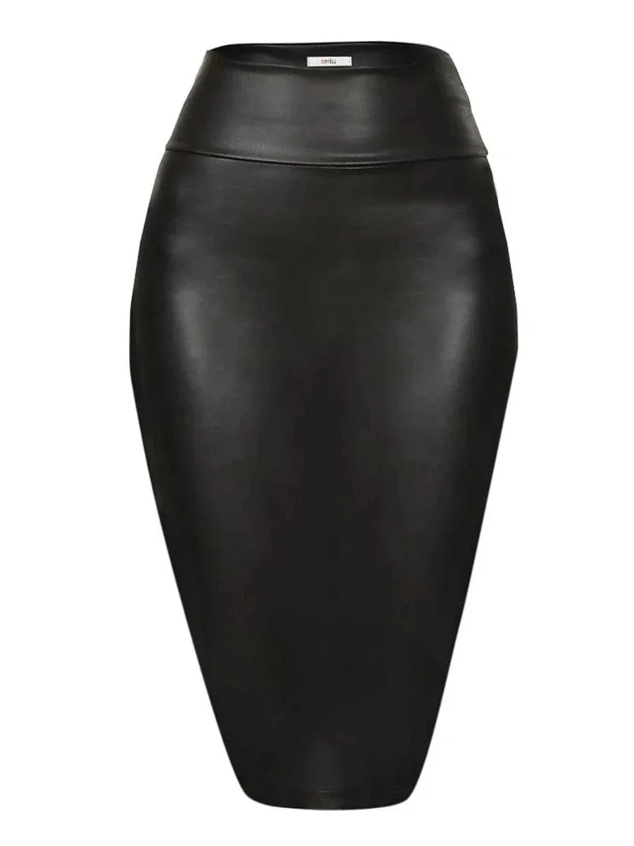 Elegant Women's Faux Leather Pencil Skirts with Lace Detail