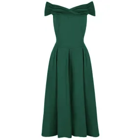 Emerald Green Cap Sleeve Crossover Bardot Neckline 50s Swing Dress