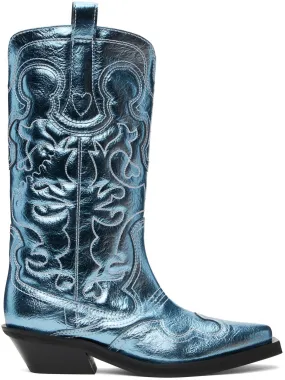 GANNI Blue Metallic Mid Shaft Embroidered Western Boots