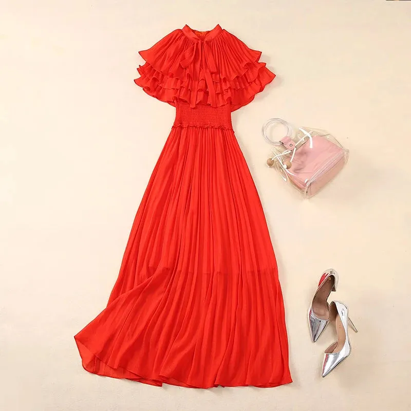 Inaya Butterfly Sleeve Elastic Waist Elegant Party Pleated Long Dress