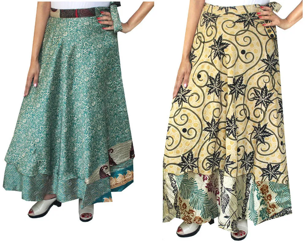 Indian Sari Magic Women's Wrap Around Long Skirt Wholesale 2 Pcs Lot Two Layers