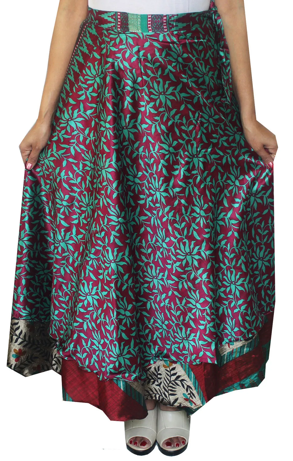 Indian Sari Magic Women's Wrap Around Long Skirt Wholesale 2 Pcs Lot Two Layers