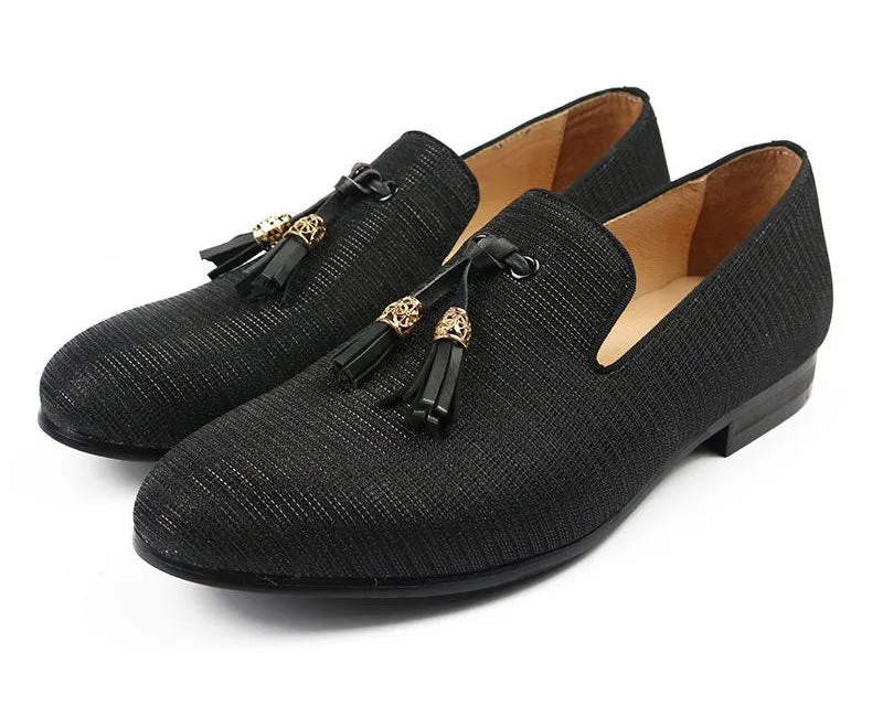 Men's Casual Black Striped Golden Tassel Breathable Partywear Loafers