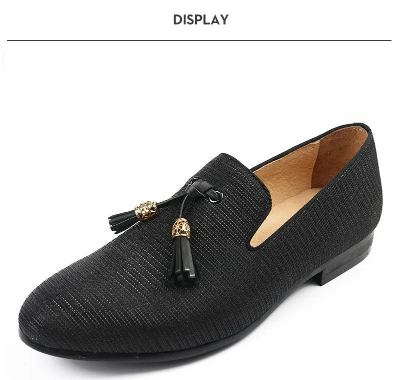 Men's Casual Black Striped Golden Tassel Breathable Partywear Loafers