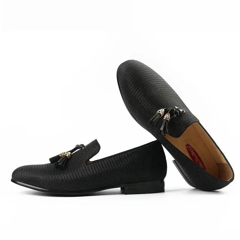 Men's Casual Black Striped Golden Tassel Breathable Partywear Loafers