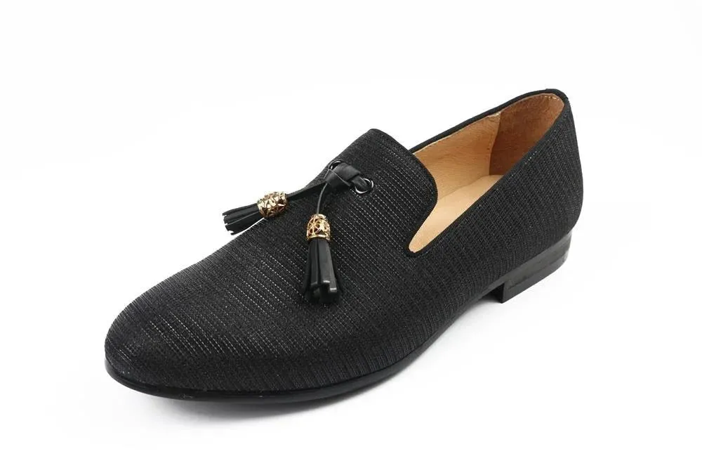 Men's Casual Black Striped Golden Tassel Breathable Partywear Loafers