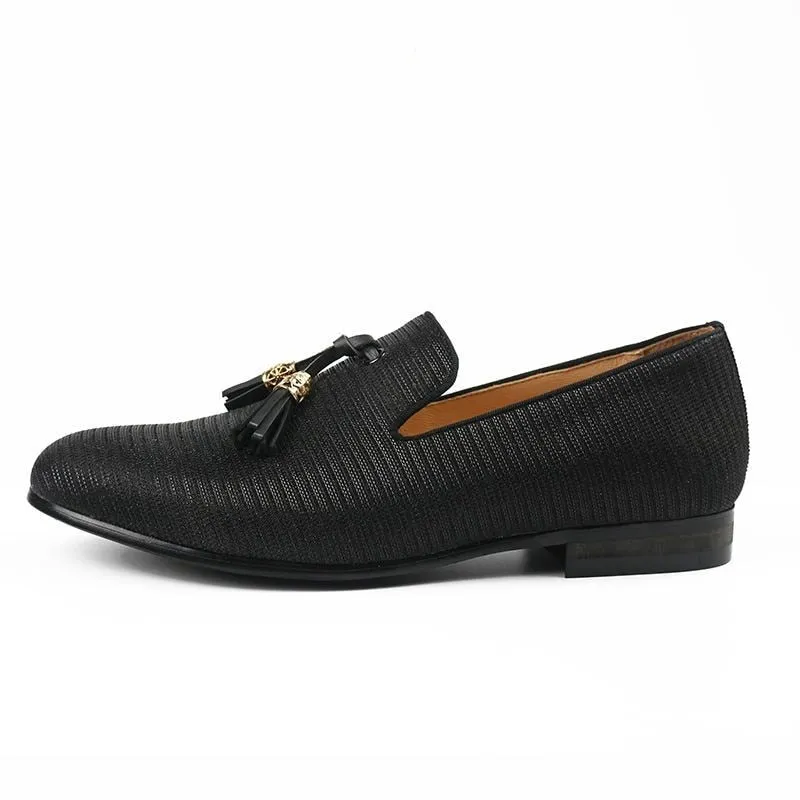 Men's Casual Black Striped Golden Tassel Breathable Partywear Loafers