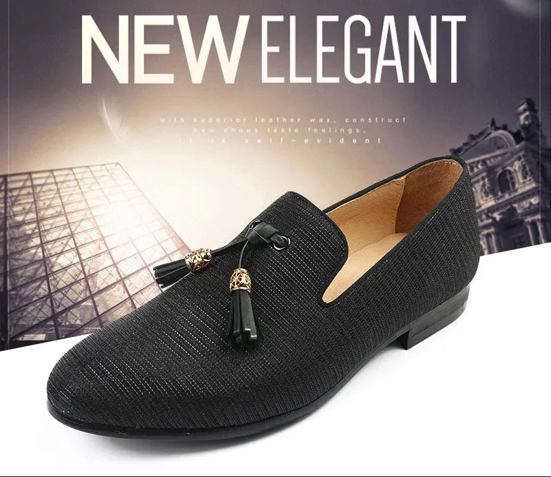 Men's Casual Black Striped Golden Tassel Breathable Partywear Loafers