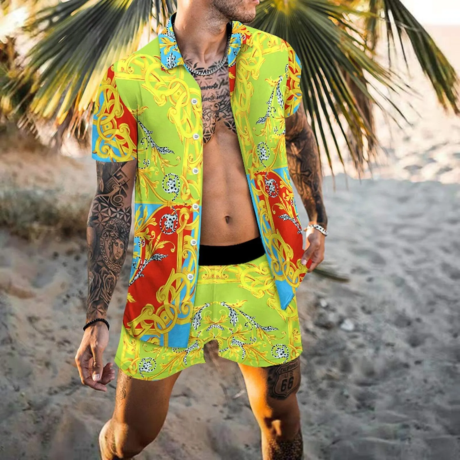 Men's Hawaiian Printed Shirt Elastic Waist Shorts Beachwear Two-Piece Set