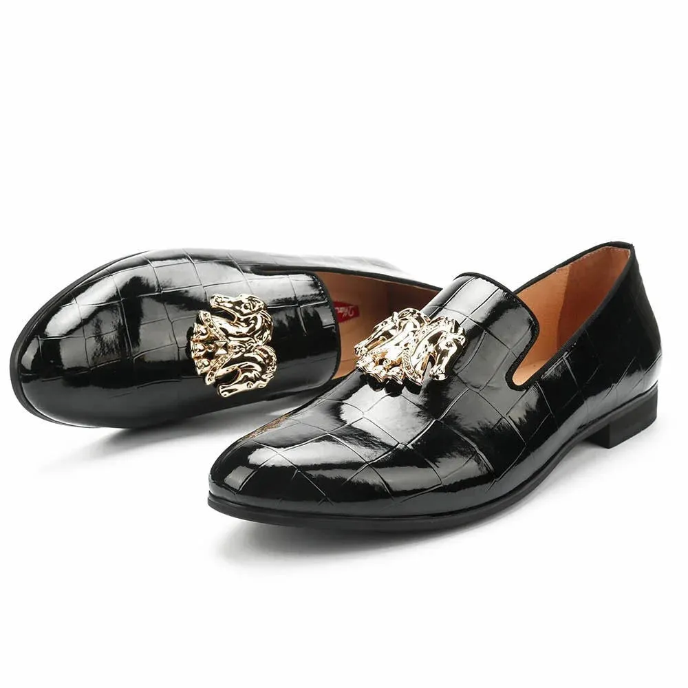 Men's Synthetic Leather Gold Constellation Buckle Stone Finish Loafers