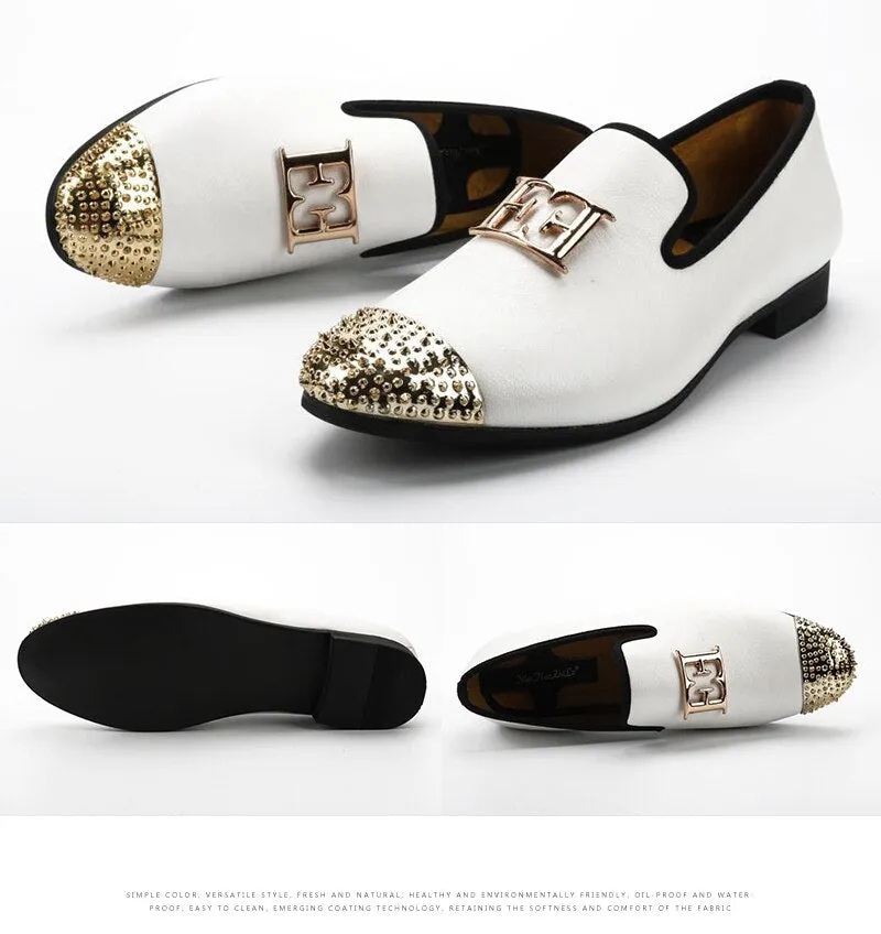 Men's White Synthetic Leather Face Buckle Gold Metal Toe Loafers