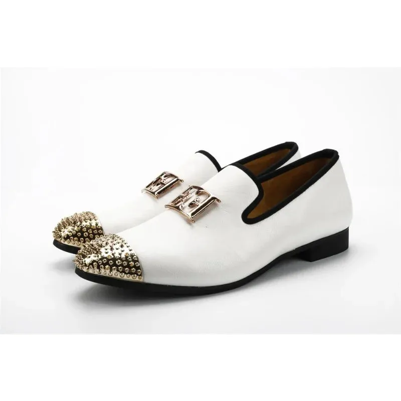 Men's White Synthetic Leather Face Buckle Gold Metal Toe Loafers