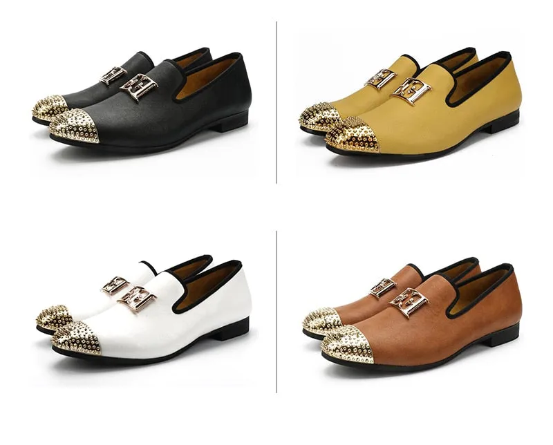 Men's White Synthetic Leather Face Buckle Gold Metal Toe Loafers