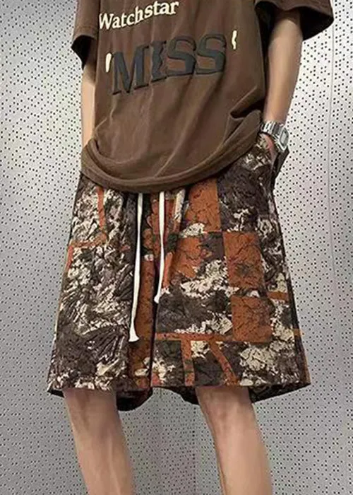 New Brown Pockets Elastic Waist Cotton Mens Shorts Summer