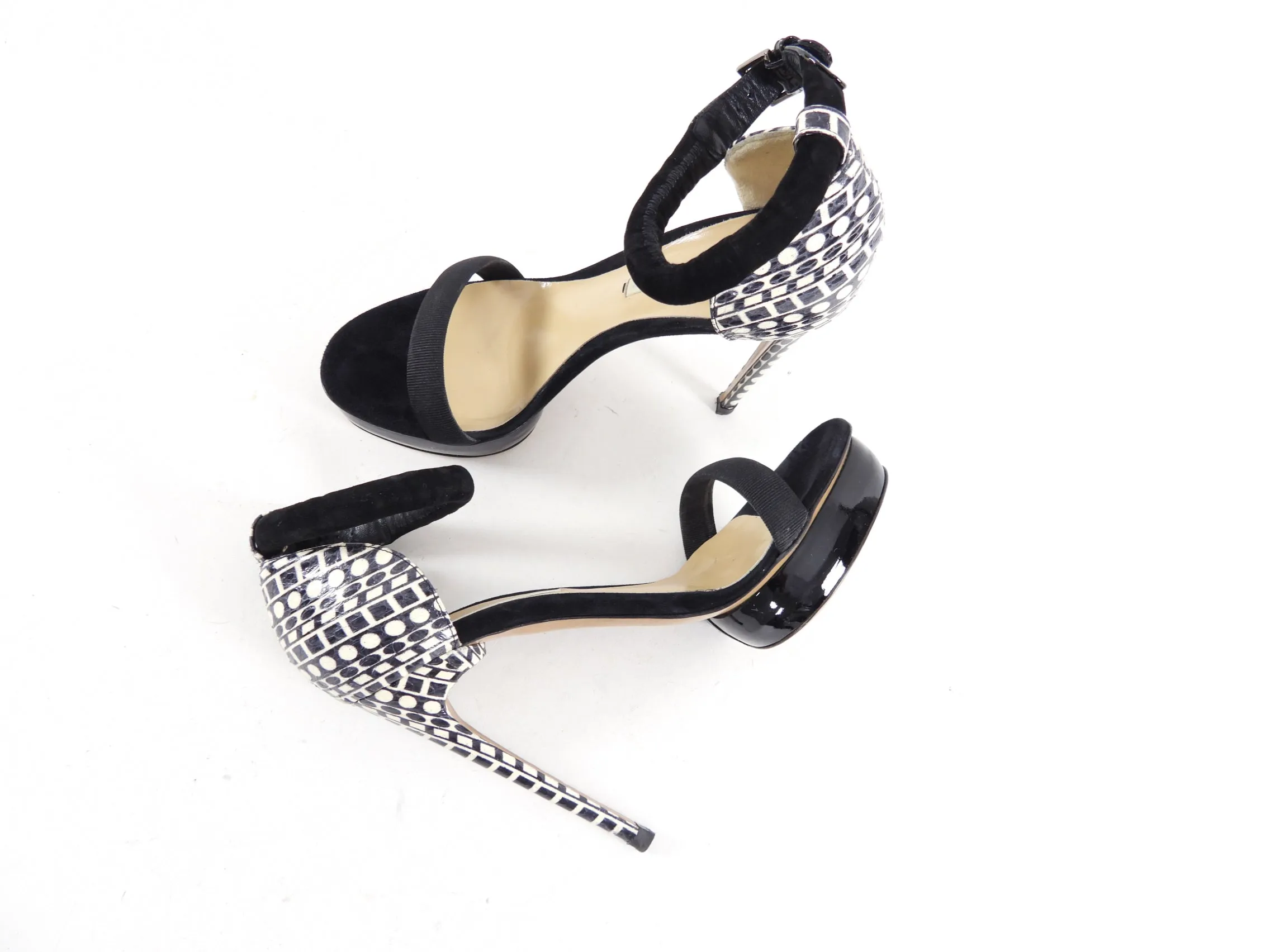 Nicholas Kirkwood Black and White Suede Patent Bauhaus Heels - 7.5