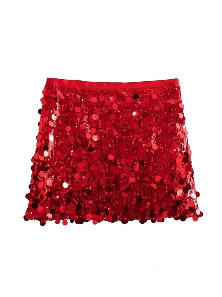 Sexy Chic Red Sequined Mini Party Skirts Fashion 2024 Sheath Elegant Evening Club Skirts Y2K Girl Shiny Skirts