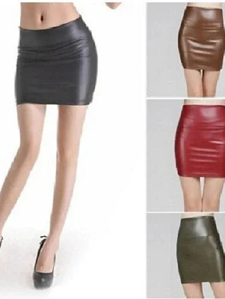 Sexy High Waist Faux Leather Pencil Skirt - Black/Red/Brown