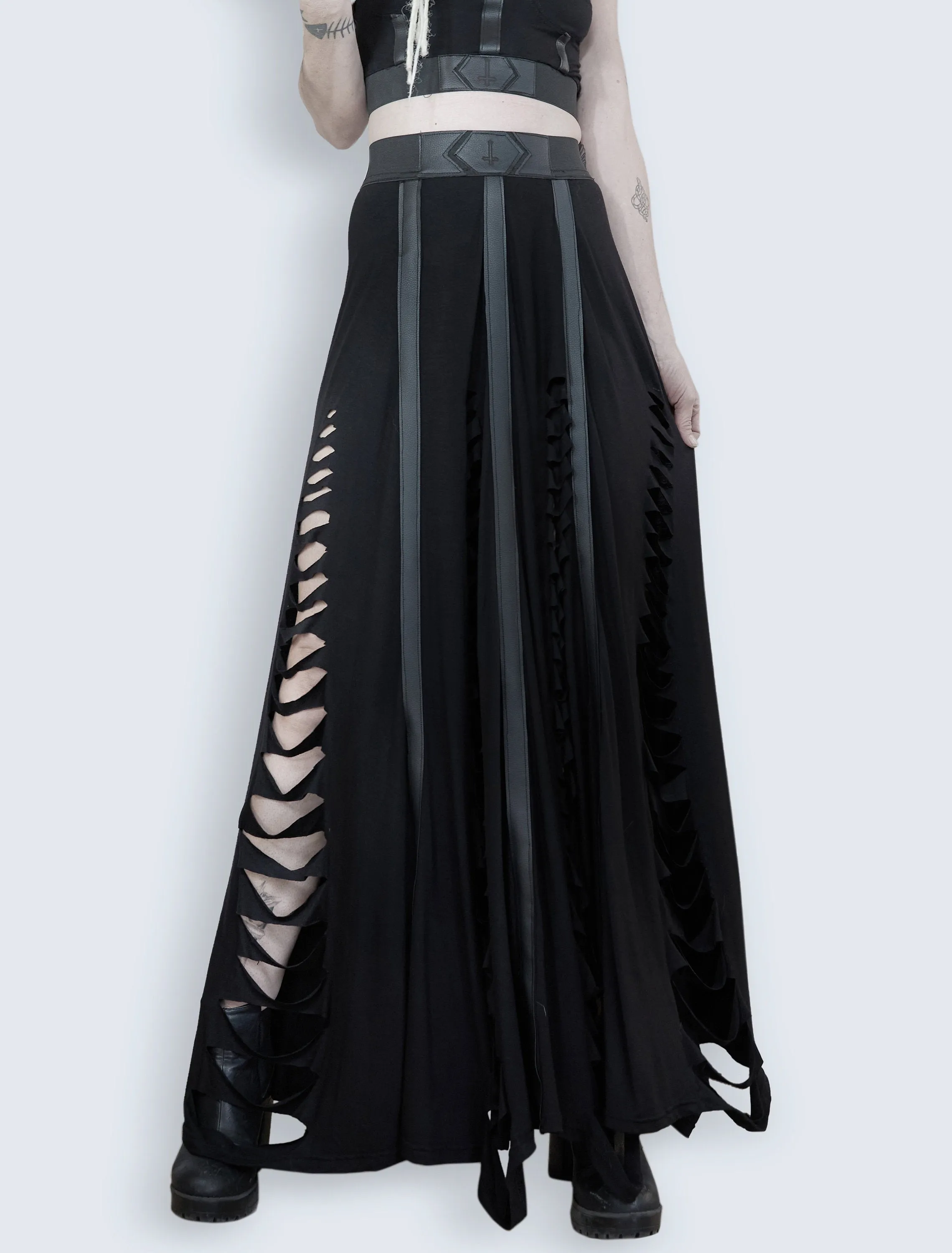 Slashed n cut vegan leather detail laser etched maxi skirt