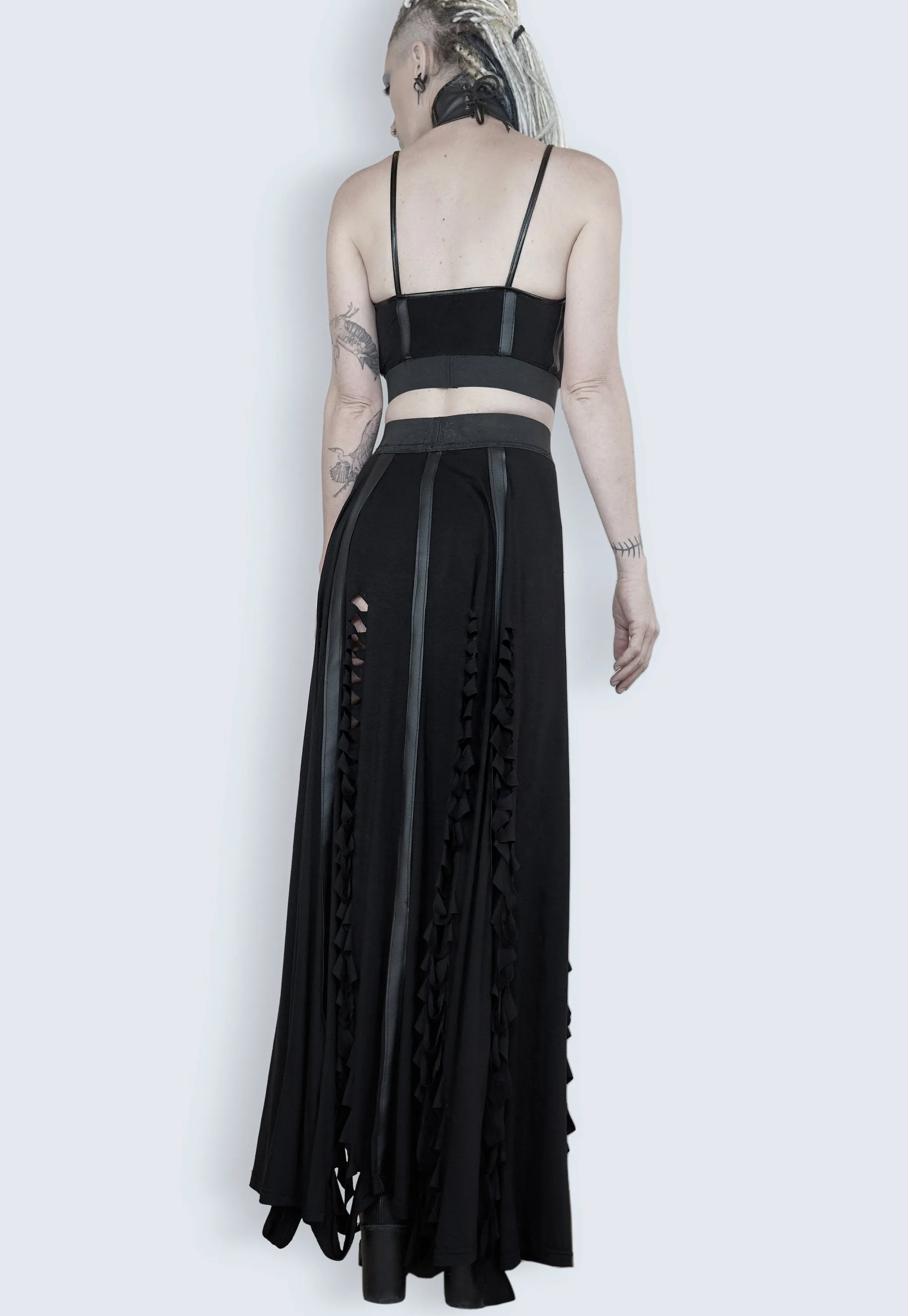 Slashed n cut vegan leather detail laser etched maxi skirt