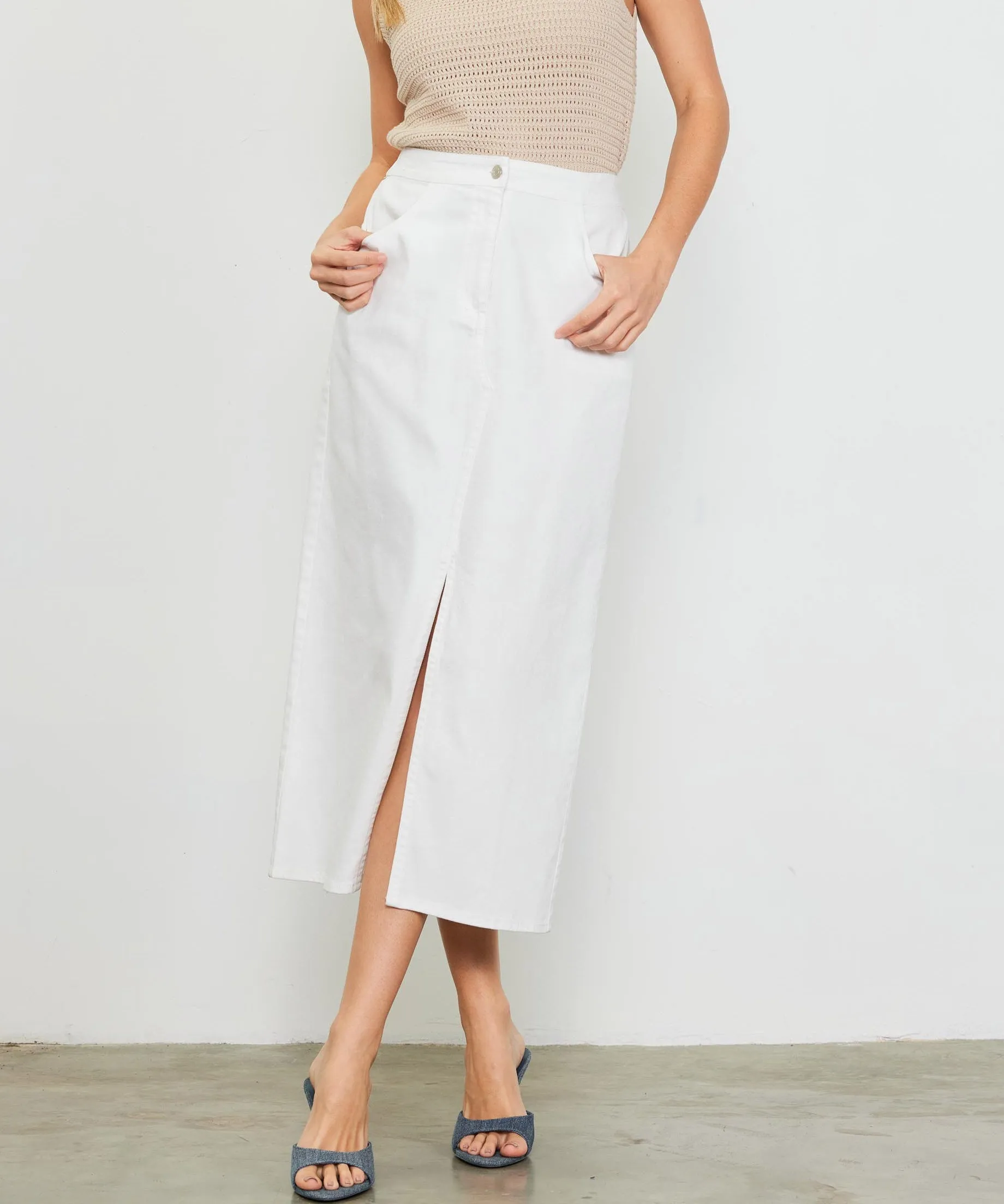 Washed Cotton Twill Maxi Skirt - White