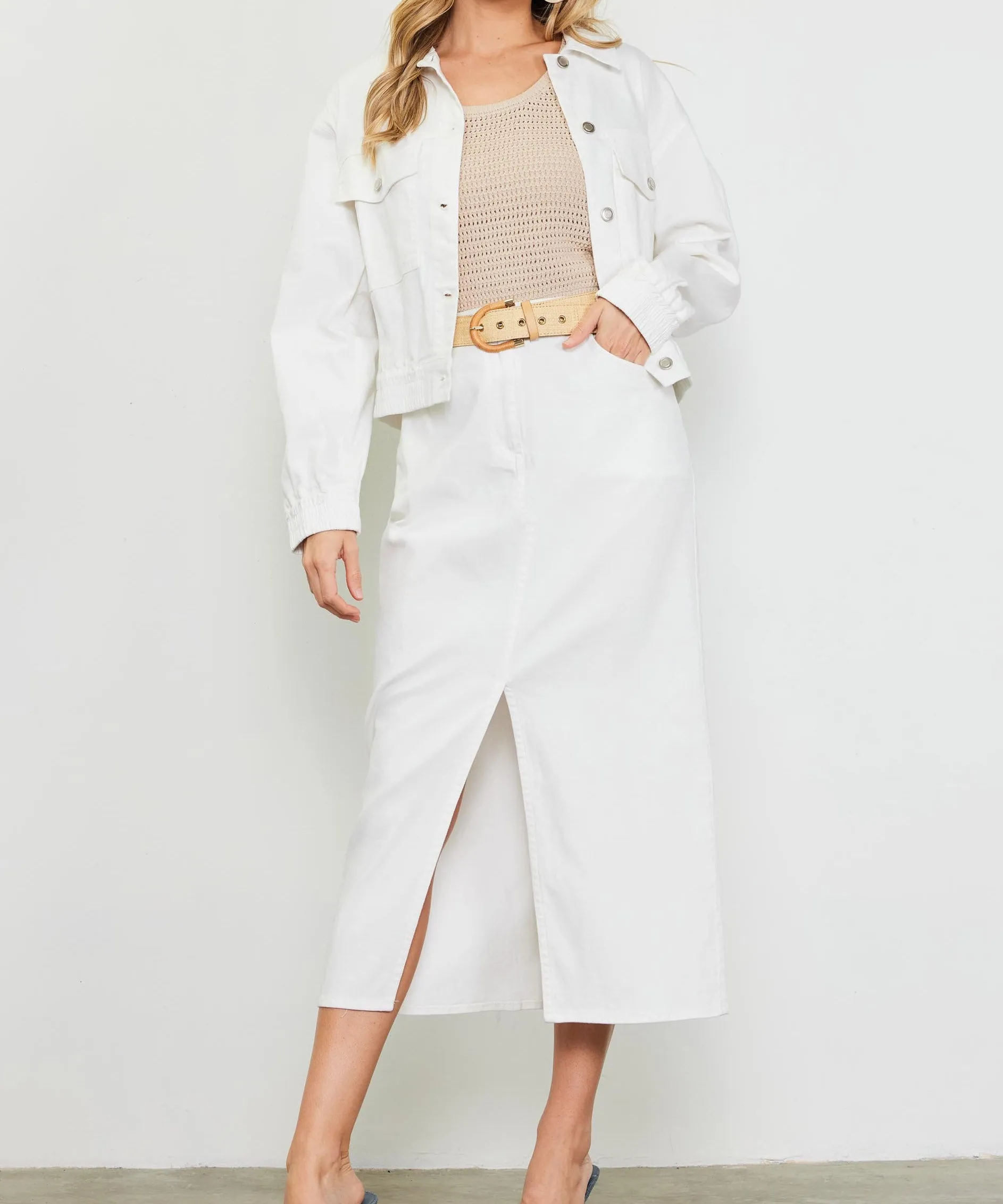 Washed Cotton Twill Maxi Skirt - White