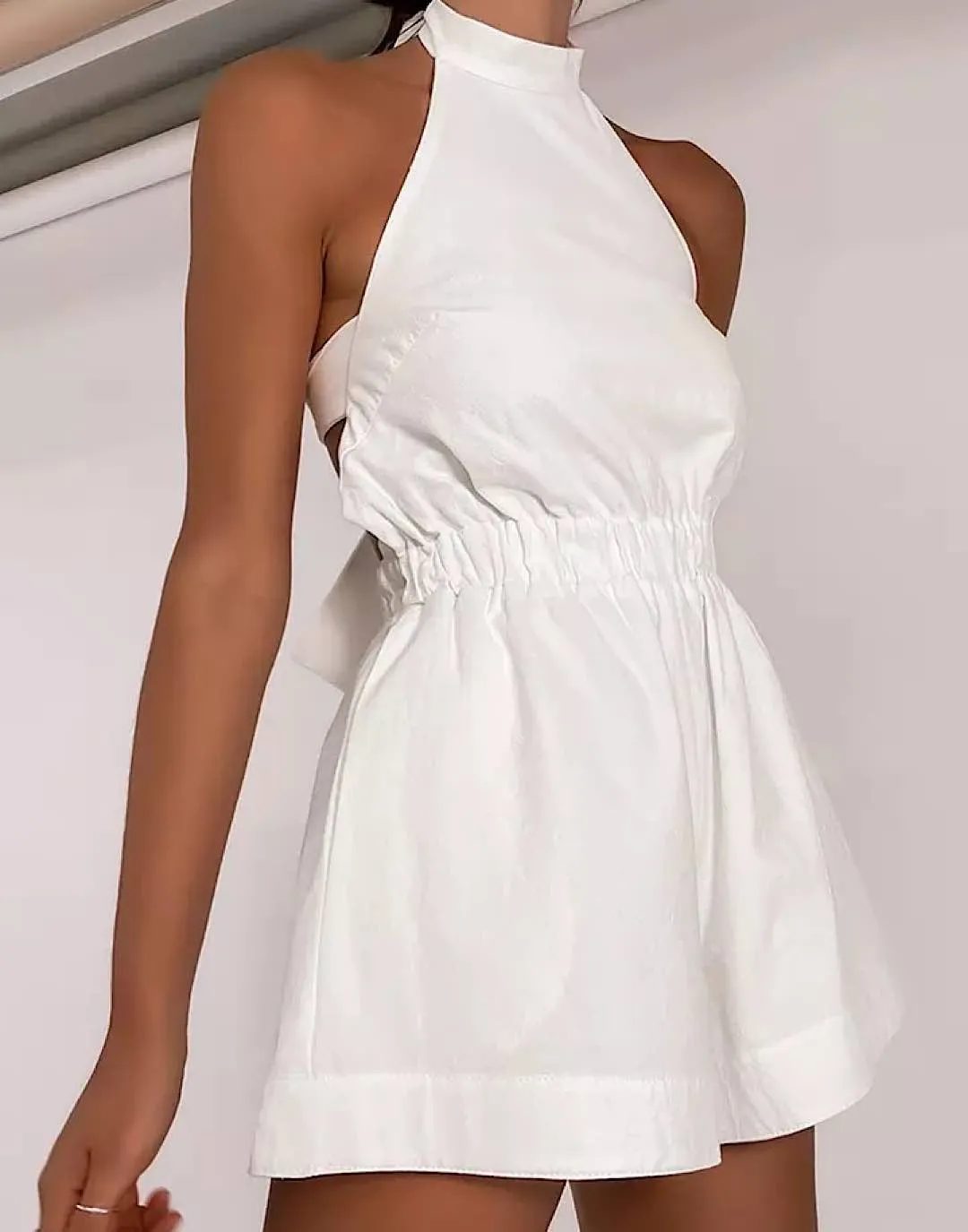 White Backless Elastic Waist Romper