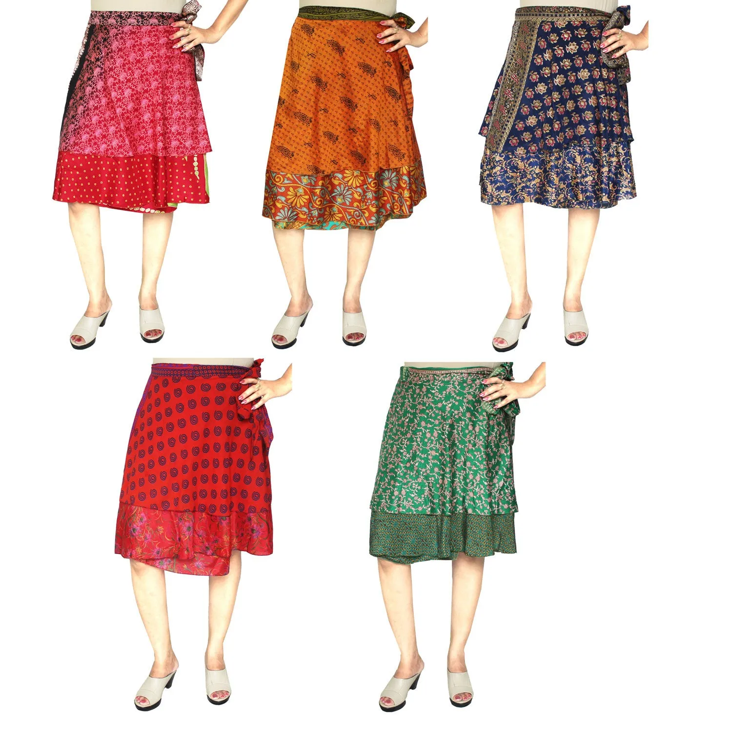 Wholesale 5 Pcs Lot Two Layers Women's Indian Sari Magic Wrap Short Skirt